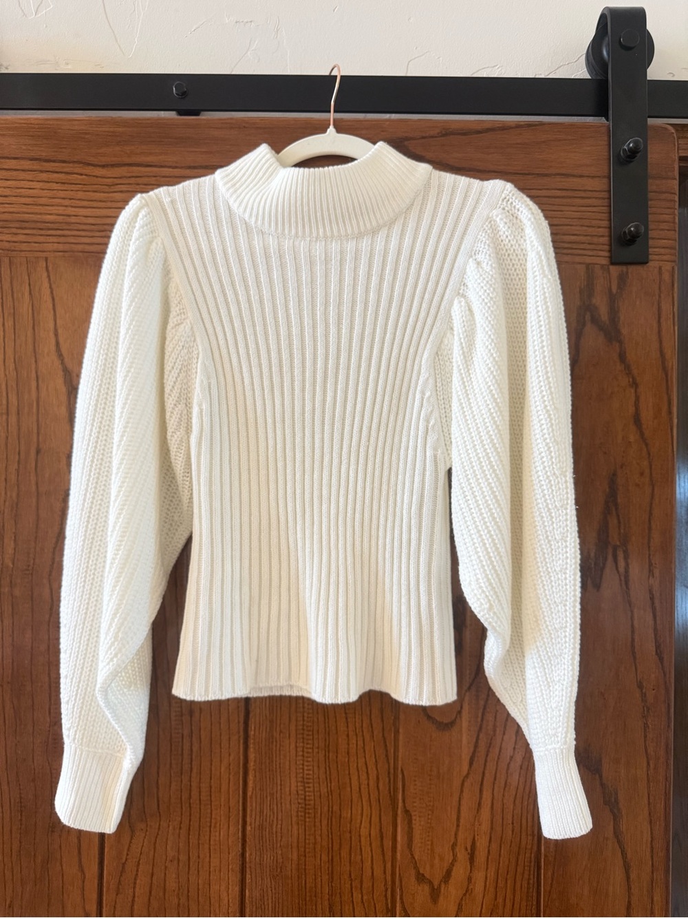 Nasty Gal Cream Ribbed Puff-Sleeve Turtleneck Sweater